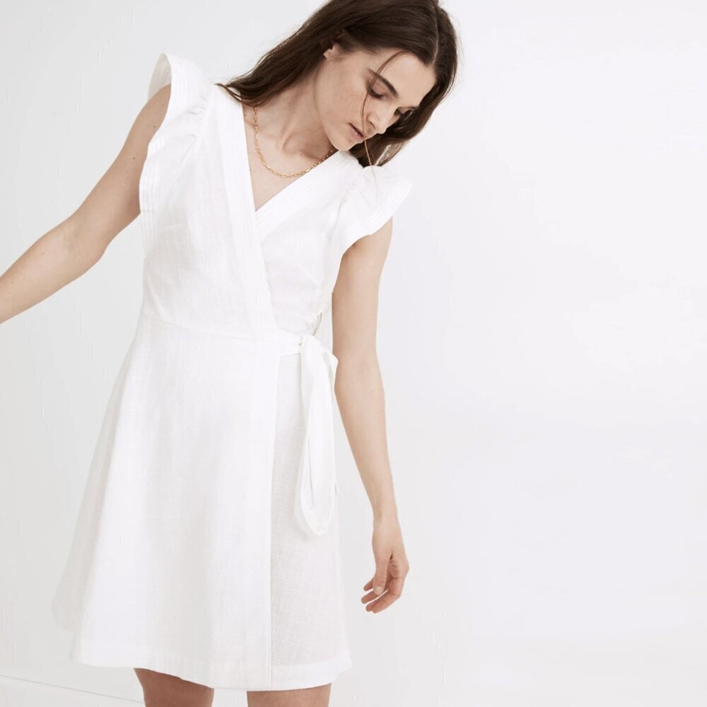 Madewell Ruffle-Sleeve Cotton Wrap Mini Dress in Lighthouse White, size S